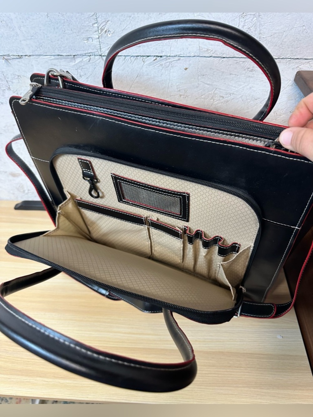 McLain Lake Forest Italian Leather womans Briefcase  black and red lined. - Picture 3 of 7